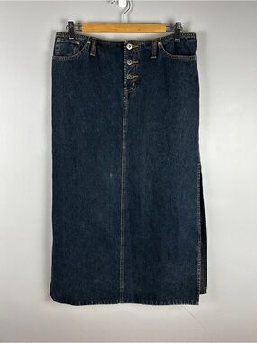 VINTAGE Y2K Low Rise Denim Maxi Skirt Dark Wash Large Exposed Button Fly Western